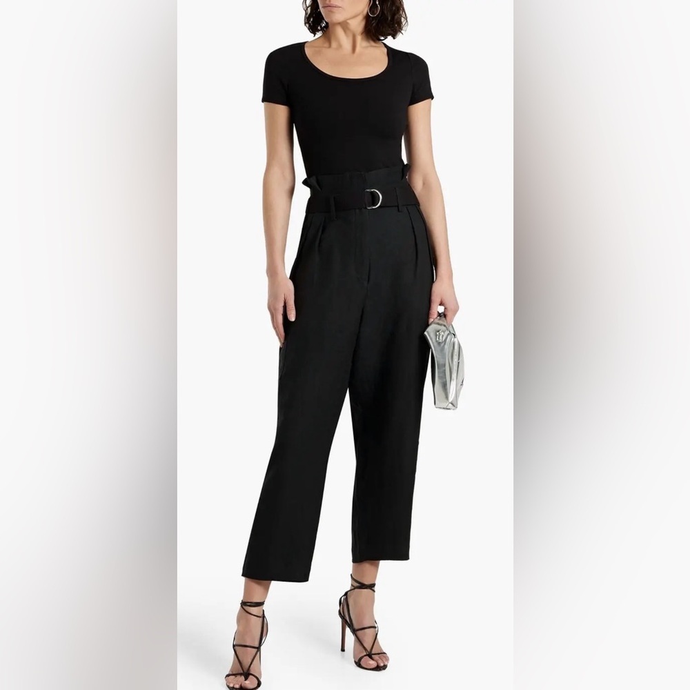 IRO Paris Masit Paperbag Waist Pants Black Linen Blend Belted Size 36 NWT